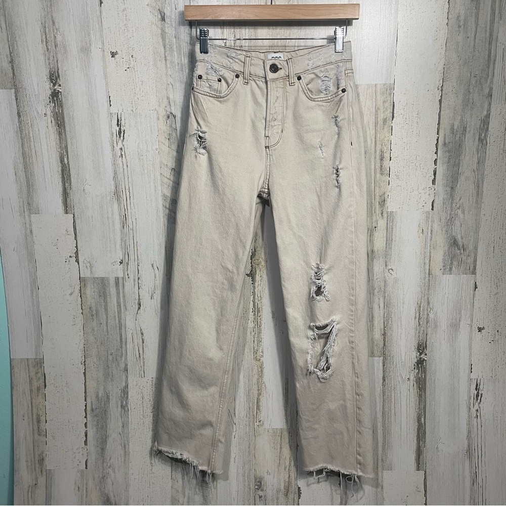 BDG Urban Outfitters PAX High Rise Fray Hem Straight Leg Jeans Tan Beige Size 24